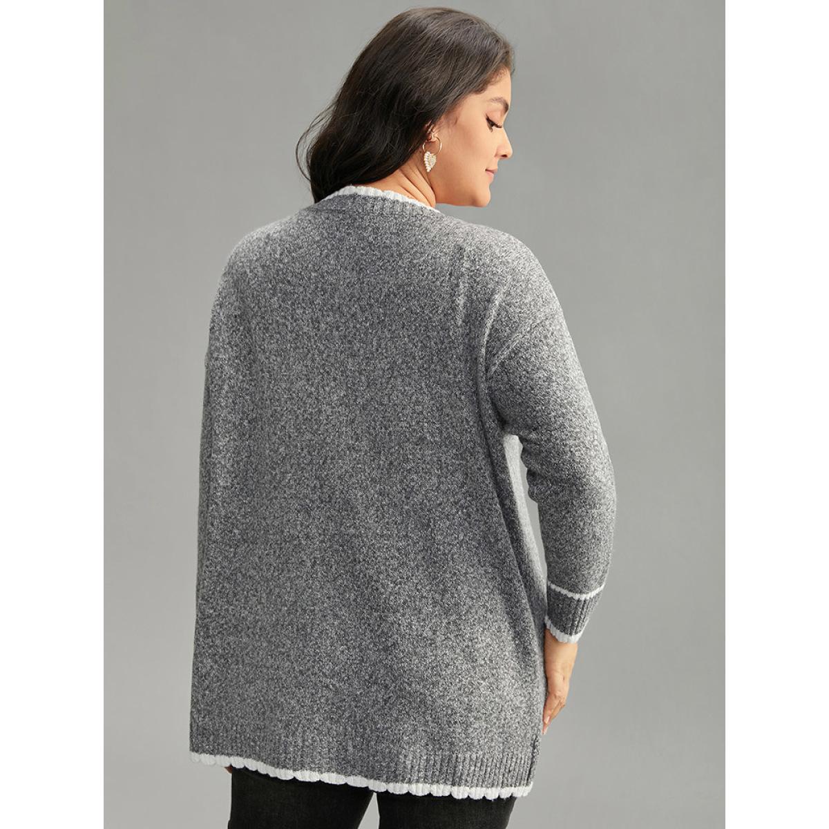 Plus Size Heather Contrast Pocket Button Through Cardigan Gray Women Casual Loose Long Sleeve Dailywear Cardigans BloomChic 26/4X Product Image