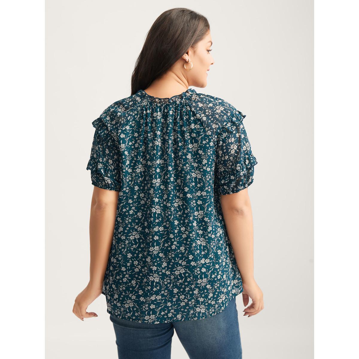 Plus Size Aegean Delicate Florals Ruffled Tiered Sleeve Blouse Women Timeless Short sleeve Round Neck Vacation Blouses BloomChic 28/5X Product Image