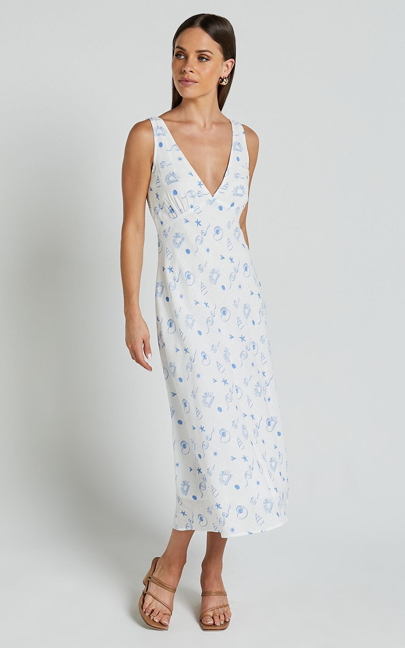Becca Midi Dress - Ruched Bust Sleeveless V Neck Dress in Blue Print Product Image