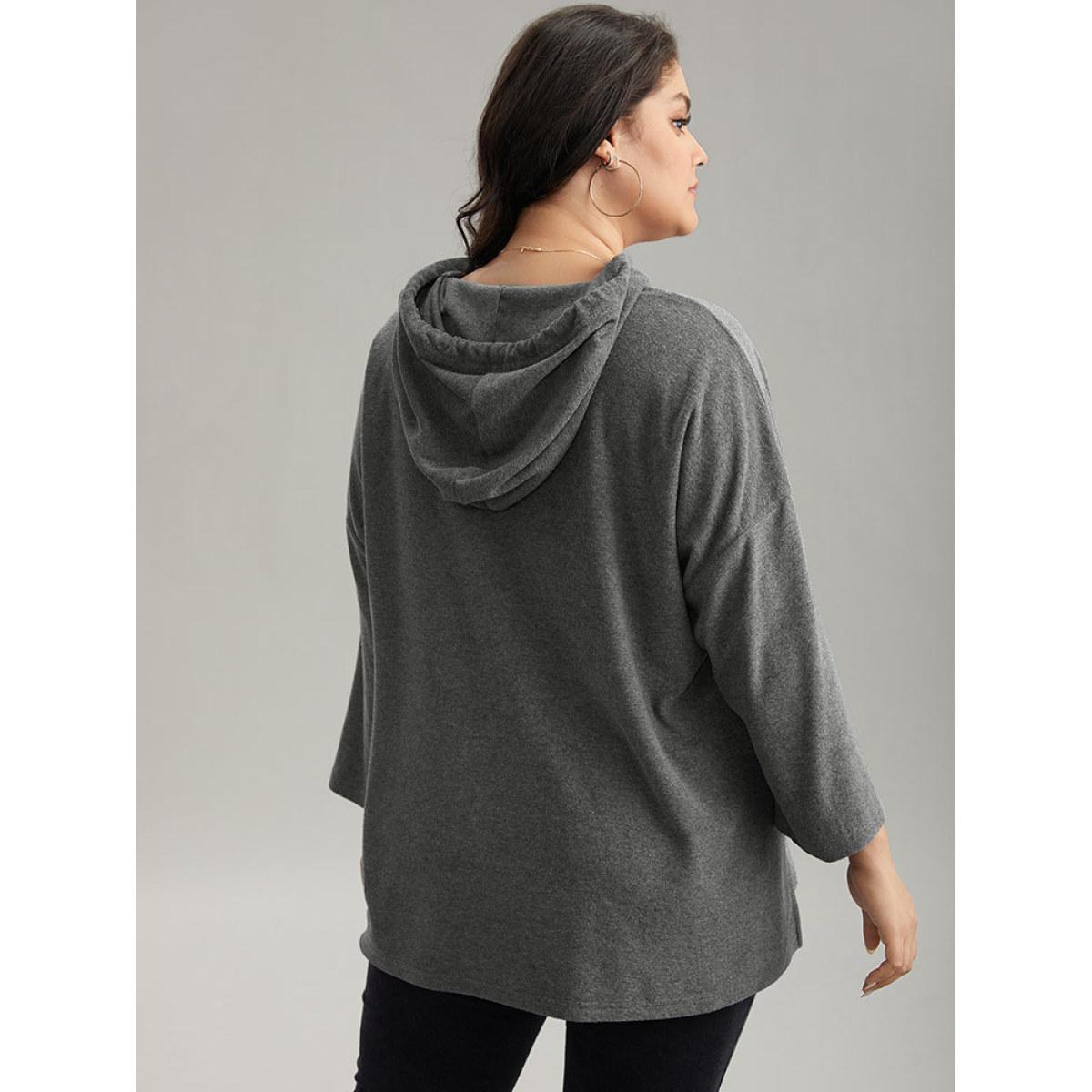 Plus Size Plain Split Side Pocket Hooded Drawstring Sweatshirt Women Gray Casual Plain Hooded Everyday Sweatshirts BloomChic 10/M Product Image