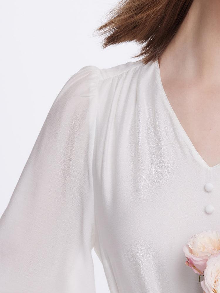 White V-Neck Gathered Waist Midi Dress Product Image