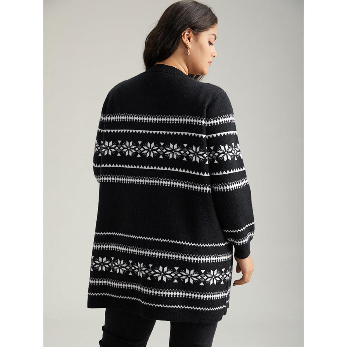 Plus Size Anti-Pilling Bandana Print Elastic Cuffs Cardigan Black Women Casual Loose Long Sleeve Festival-Christmas Cardigans BloomChic 12/L Product Image