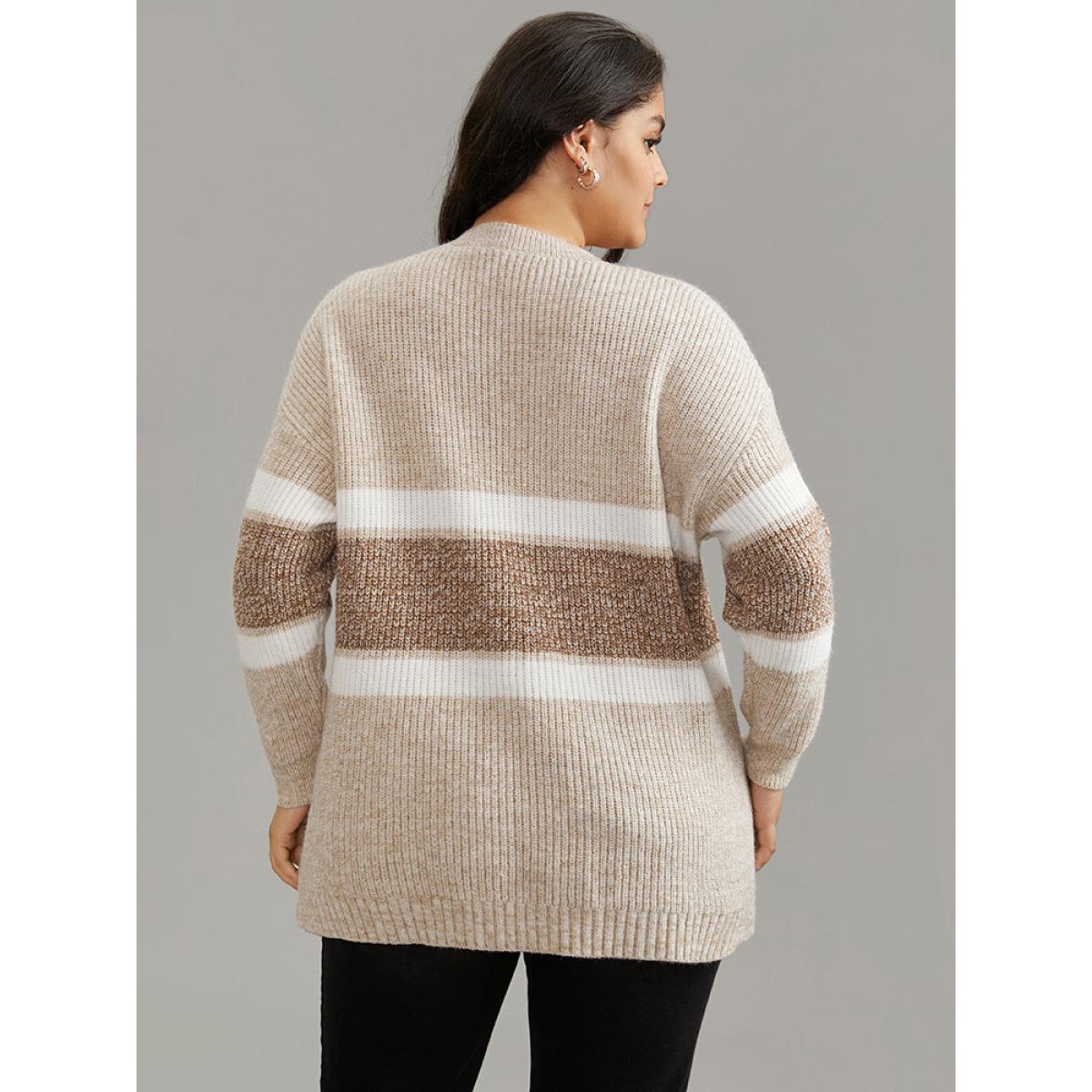 Plus Size Supersoft Essentials Colorblock Contrast V Neck Knit Pullover LightBrown Women Casual Loose Long Sleeve V-neck Dailywear Pullovers BloomChic 26/4X Product Image