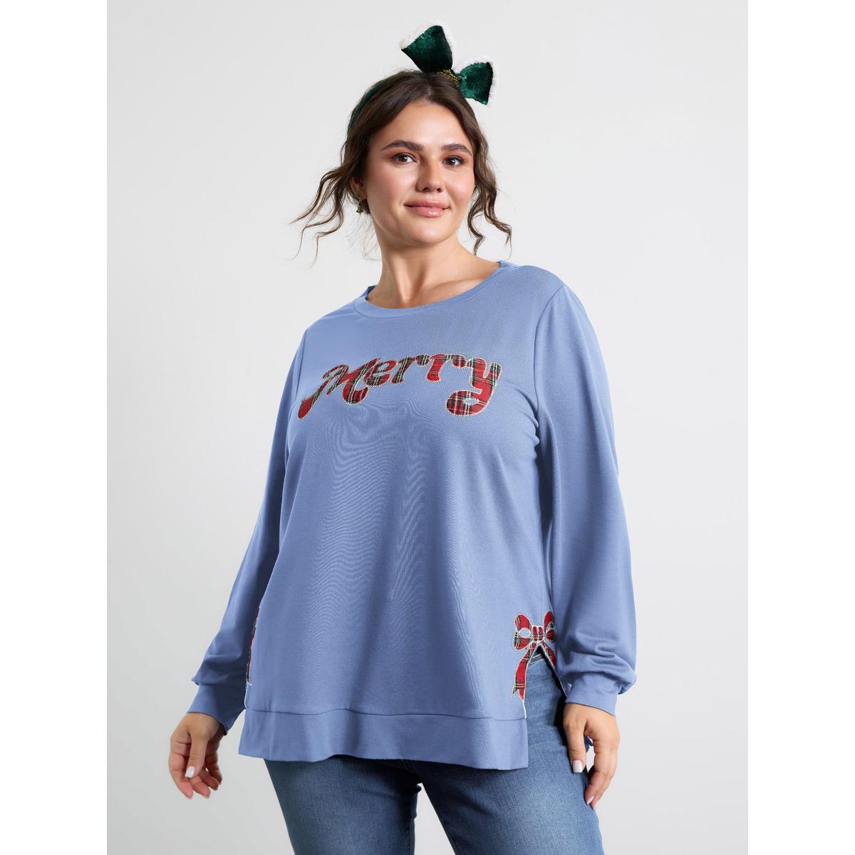 Plus Size Merry Applique Embroidery Sweatshirt Women Skyblue Playful Contrast Round Neck Casual Sweatshirts BloomChic 26/4X Product Image