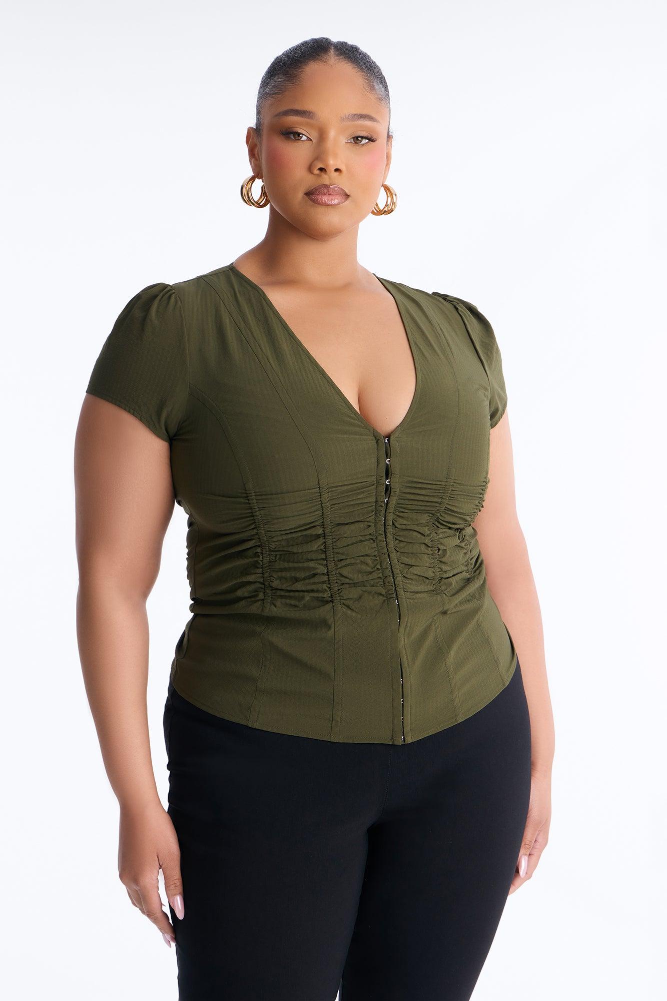 Catch Feelings Short Sleeve Ruched Top - Olive Female Product Image