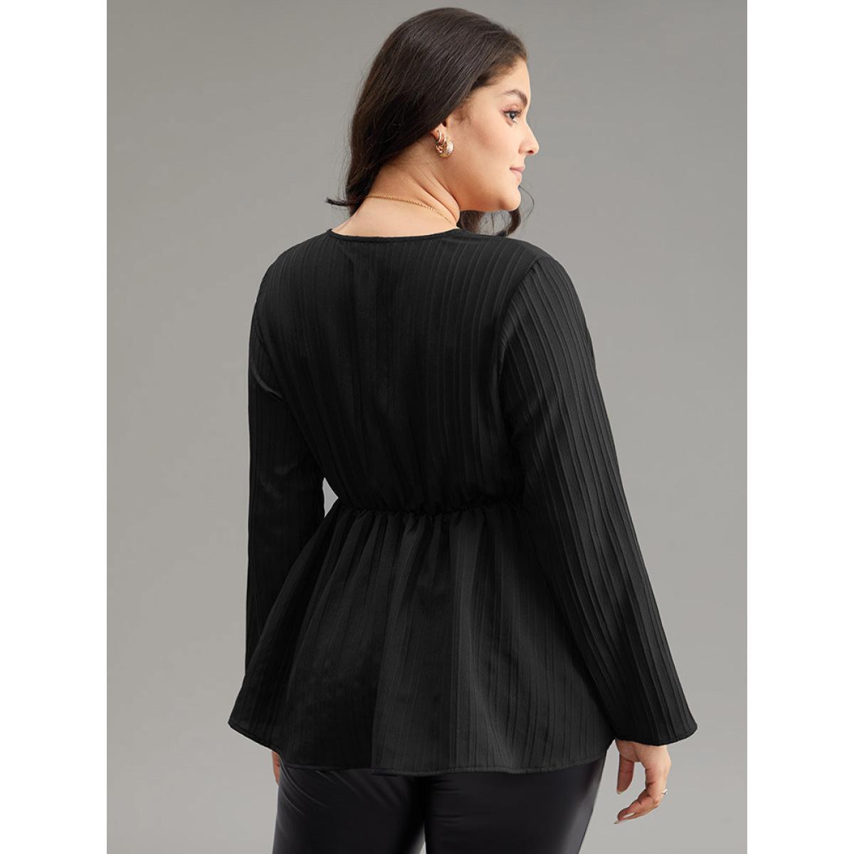Plus Size Black Solid Textured Button Detail Lace Up Blouse Women At the Office Long Sleeve V-neck Office Blouses BloomChic 28/5X Product Image