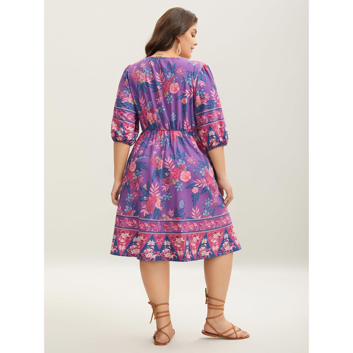 Plus Size Large Flower Print Split Neck Midi Dress DarkViolet Women Notched collar Elbow-length sleeve Curvy BloomChic 14-16/1X Product Image