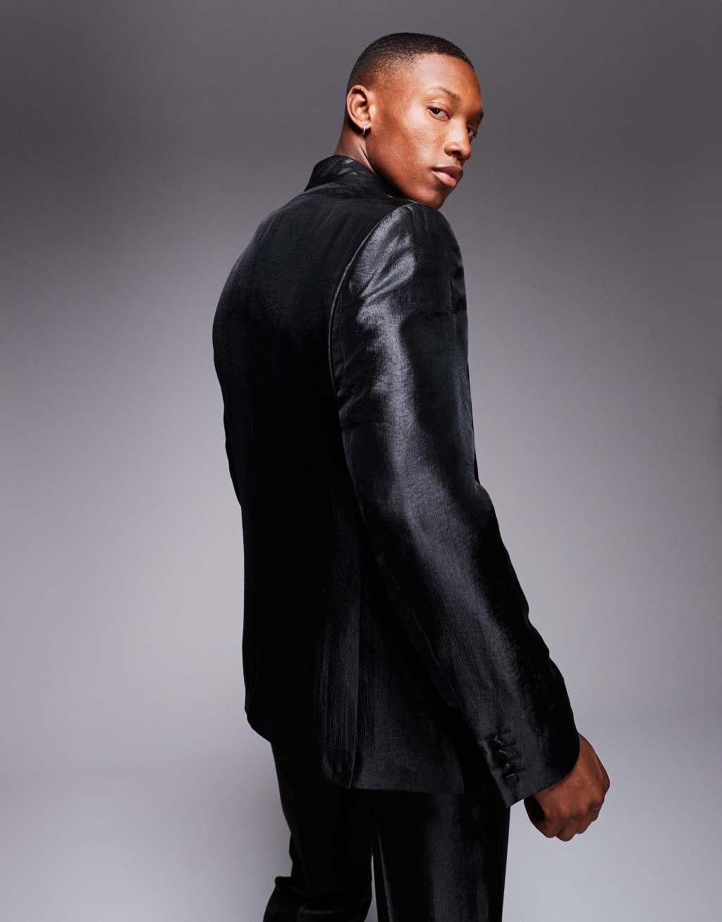 ASOS DESIGN slim fit shawl neck suit jacket in black metallic fabric Product Image