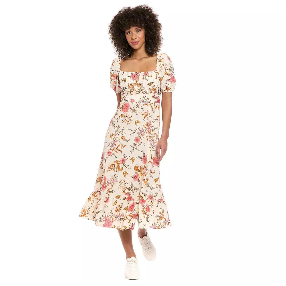 Women's London Times Floral Squareneck Puff Sleeve Empire Waist Midi Dress, Size: 4, Cream Pink Product Image