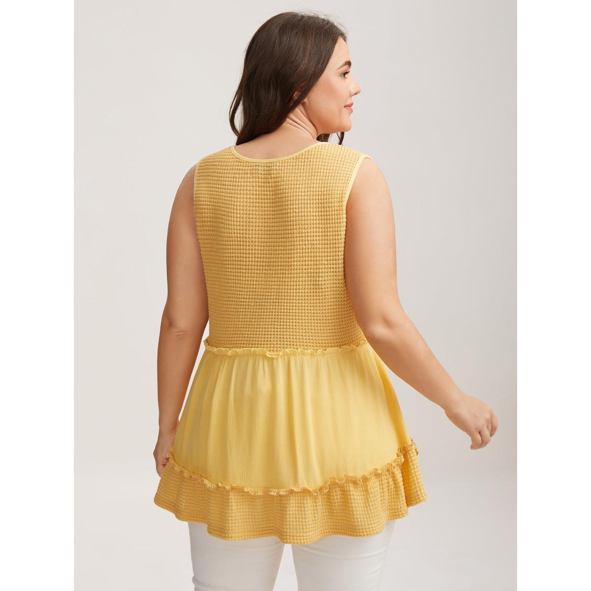 Plus Size Waffle Grid Spliced Ruffled Tank Top Women Lightyellow Texture V-neck Everyday-Casual Tank Tops Camis BloomChic 14-16/1X Product Image