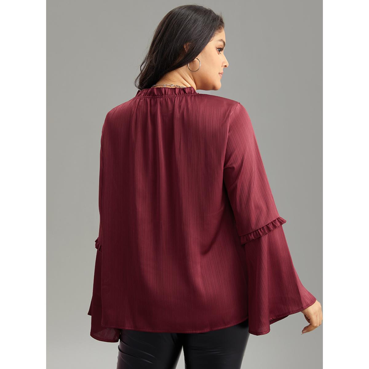 Plus Size Scarlet Plain Frill Trim Bell Sleeve Blouse Women Elegant Long Sleeve Round Neck Dailywear Blouses BloomChic 22-24/3X Product Image