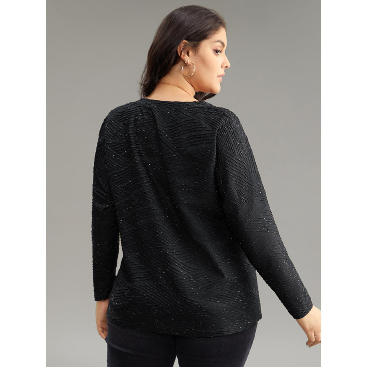 Plus Size Plisse Solid Notched Long Sleeve T-shirt Black Women Casual Texture Plain Notched collar Dailywear T-shirts BloomChic 12/L Product Image
