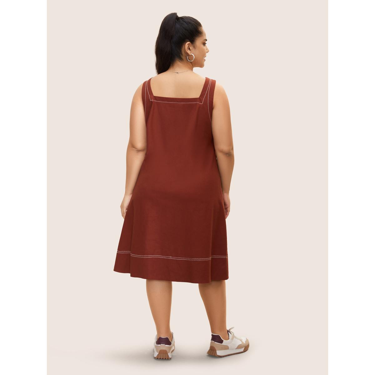Plus Size Contrast Trim Patch Pocket Tank Dress Maroon Women Casual V-neck Sleeveless Curvy BloomChic 12/L Product Image