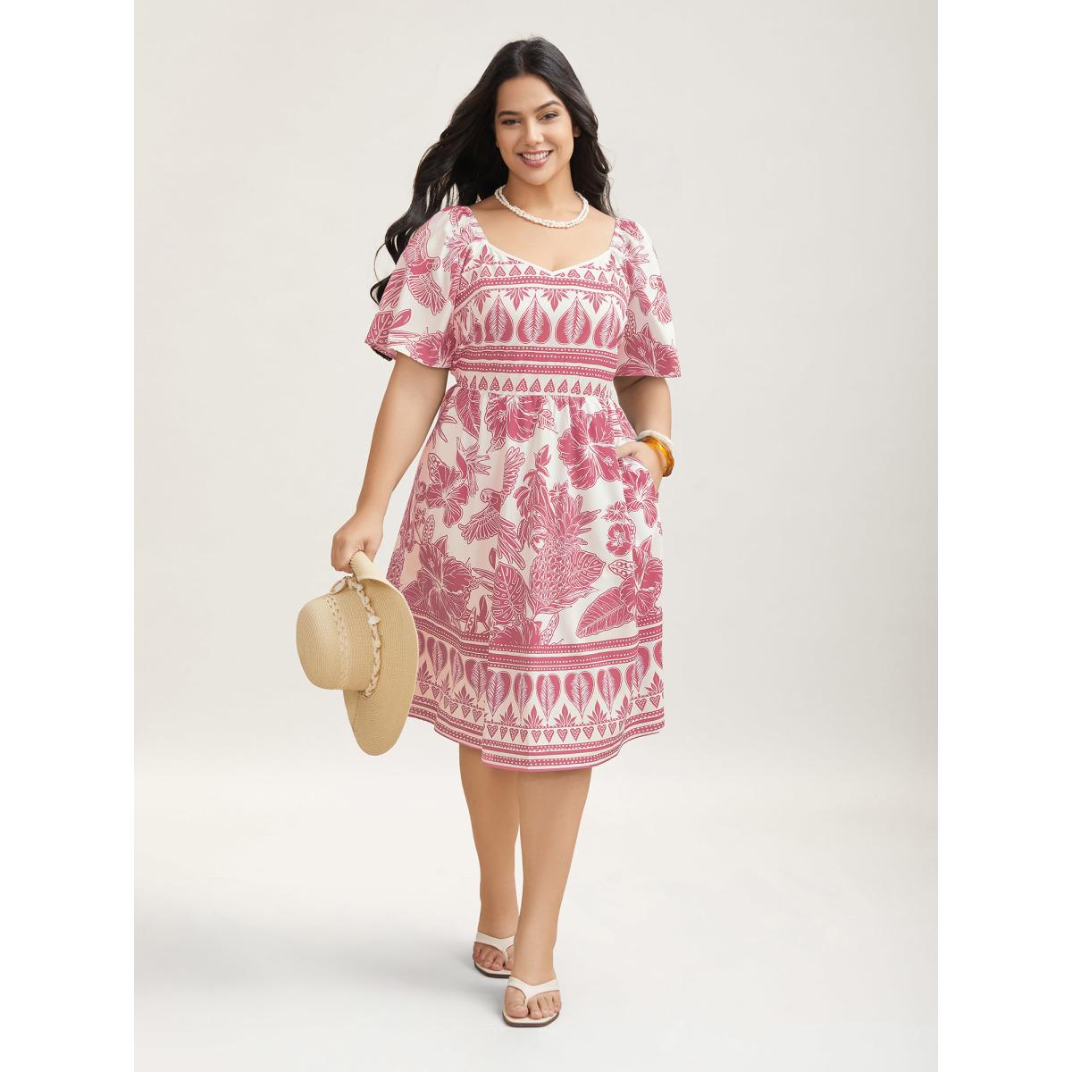 Plus Size Boho Print Fit Flare Pockets Midi Dress Blush Women Resort Non Heart neckline Short sleeve Curvy BloomChic 26/4X Product Image