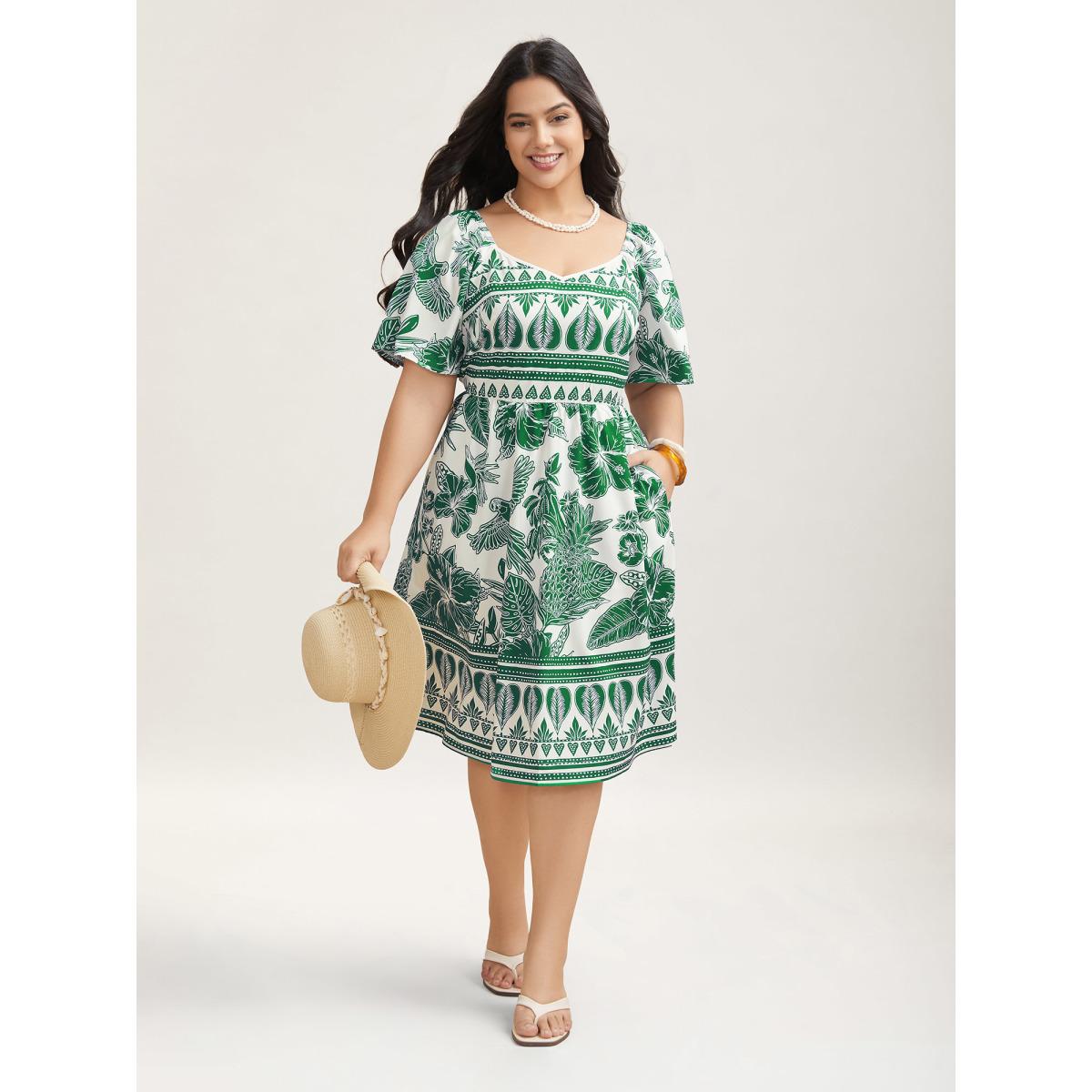 Plus Size Boho Print Fit Flare Pockets Midi Dress DarkBlue Women Resort Non Heart neckline Short sleeve Curvy BloomChic 30/6X Product Image