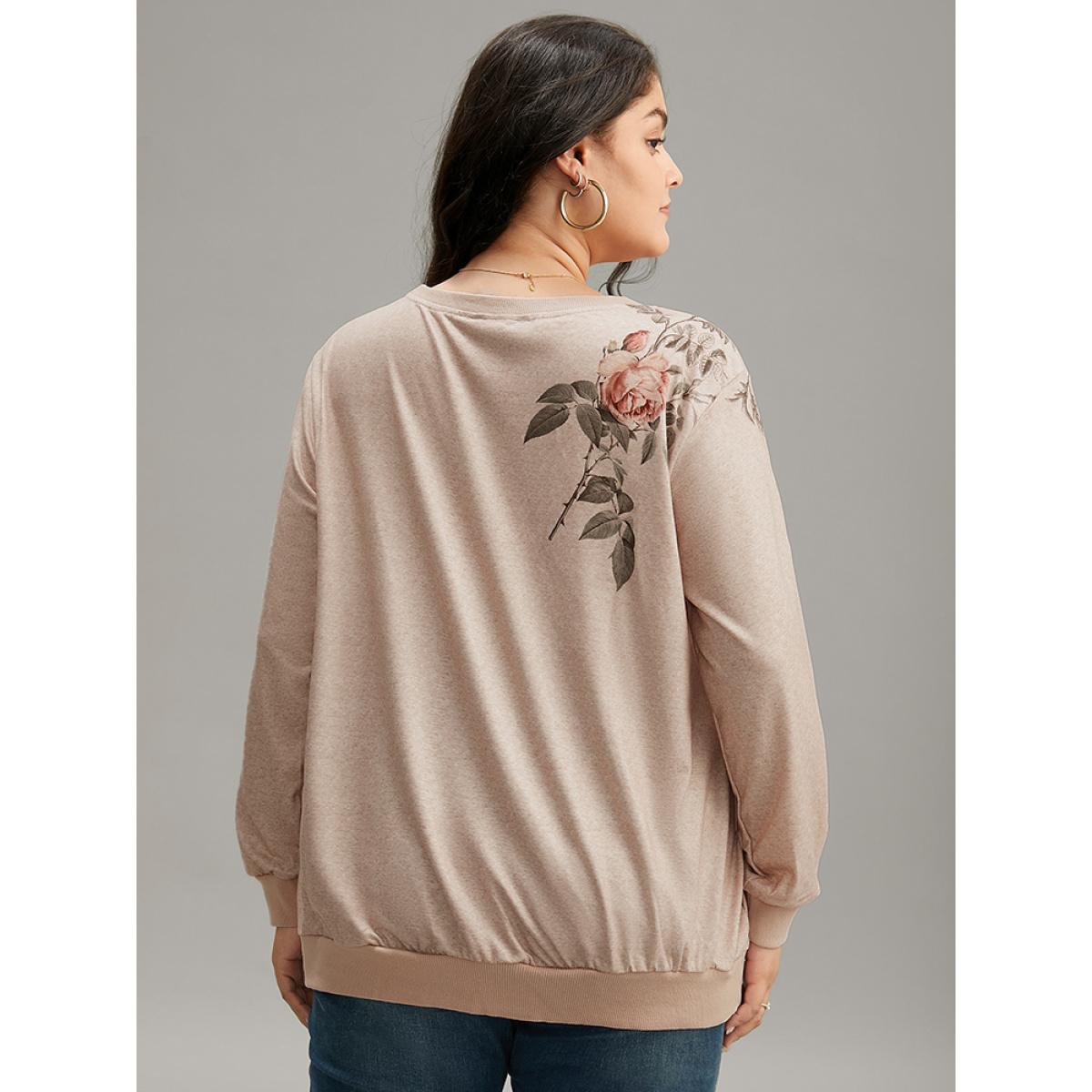 Plus Size Floral Print Elastic Cuffs Sweatshirt Women LightBrown Casual Elastic cuffs Round Neck Dailywear Sweatshirts BloomChic 26/4X Product Image