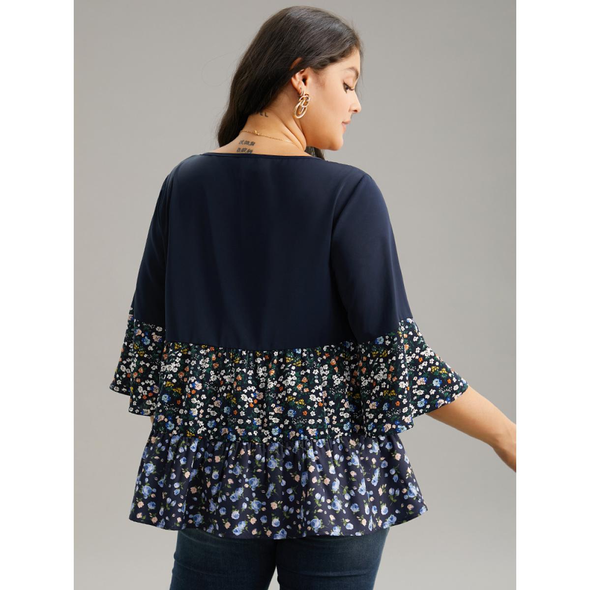 Plus Size Indigo Ditsy Floral Patchwork Tiered Flutter Sleeve Blouse Women Casual Elbow-length sleeve Scoop Neck Everyday Blouses BloomChic 30/6X Product Image