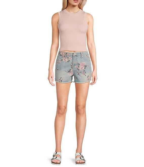 Prosperity Denim Mid Rise Floral Printed Frayed Hem Denim Shorts Product Image