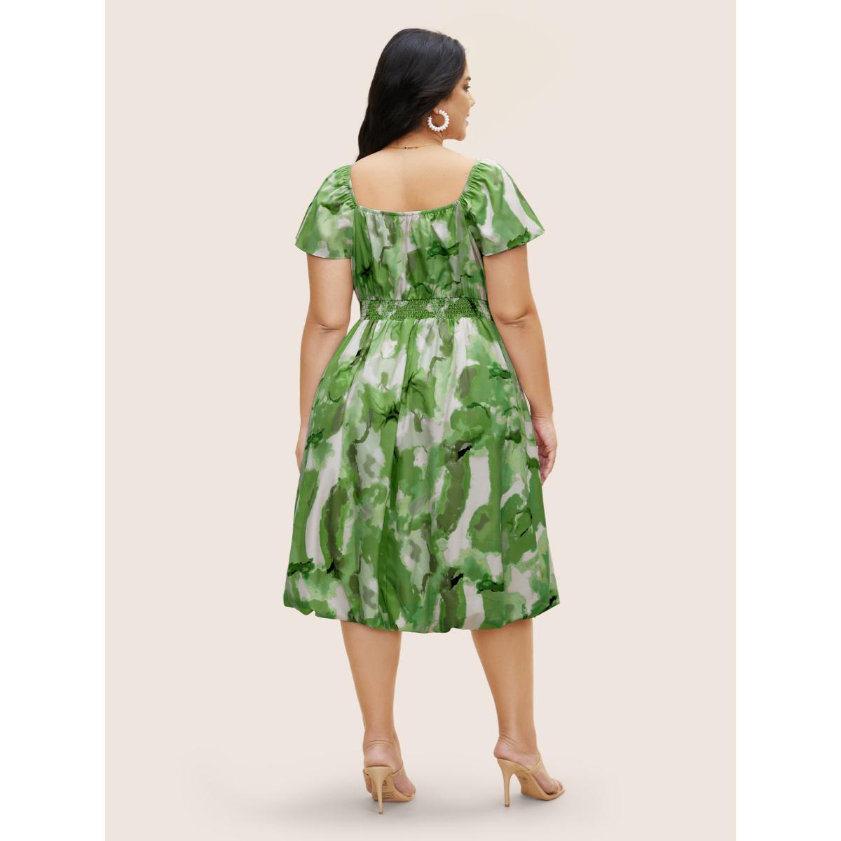 Plus Size Watercolor Floral Bubble Hem Pockets Dress Truegreen Women Elegant Gathered Heart neckline Cap Sleeve Curvy BloomChic 22-24/3X Product Image