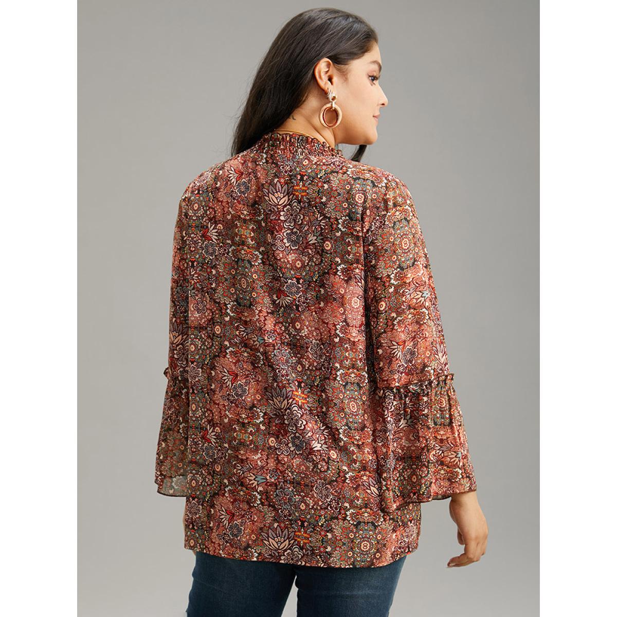 Plus Size Scarlet Bandana Print Mesh Frill Trim Blouse Women Elegant Long Sleeve Round Neck Vacation Blouses BloomChic 14-16/1X Product Image