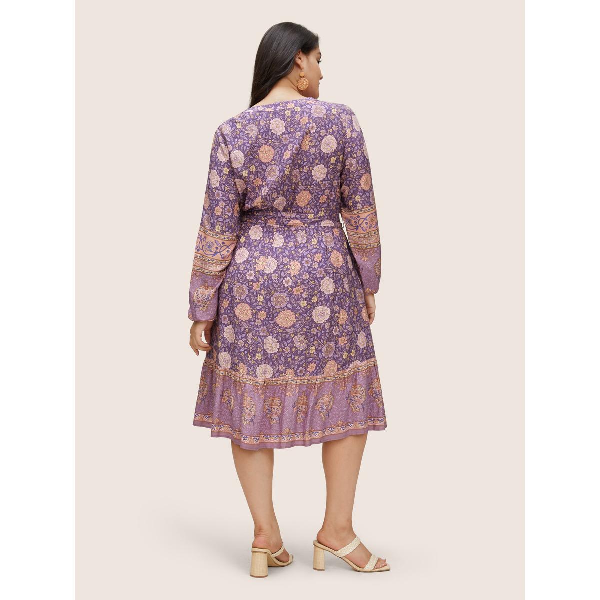 Plus Size Boho Print Belted Notched Lantern Sleeve Dress Mauve Women Resort Non Notched collar Long Sleeve Curvy Midi Dress BloomChic 22-24/3X Product Image