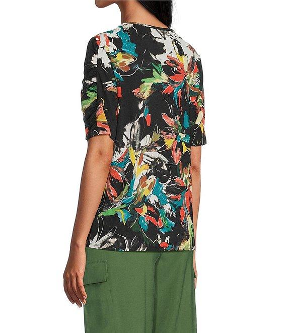Investments Petite Size Knit Floral Garden Gestures Elbow Length Sleeve Crew Neck Top Product Image