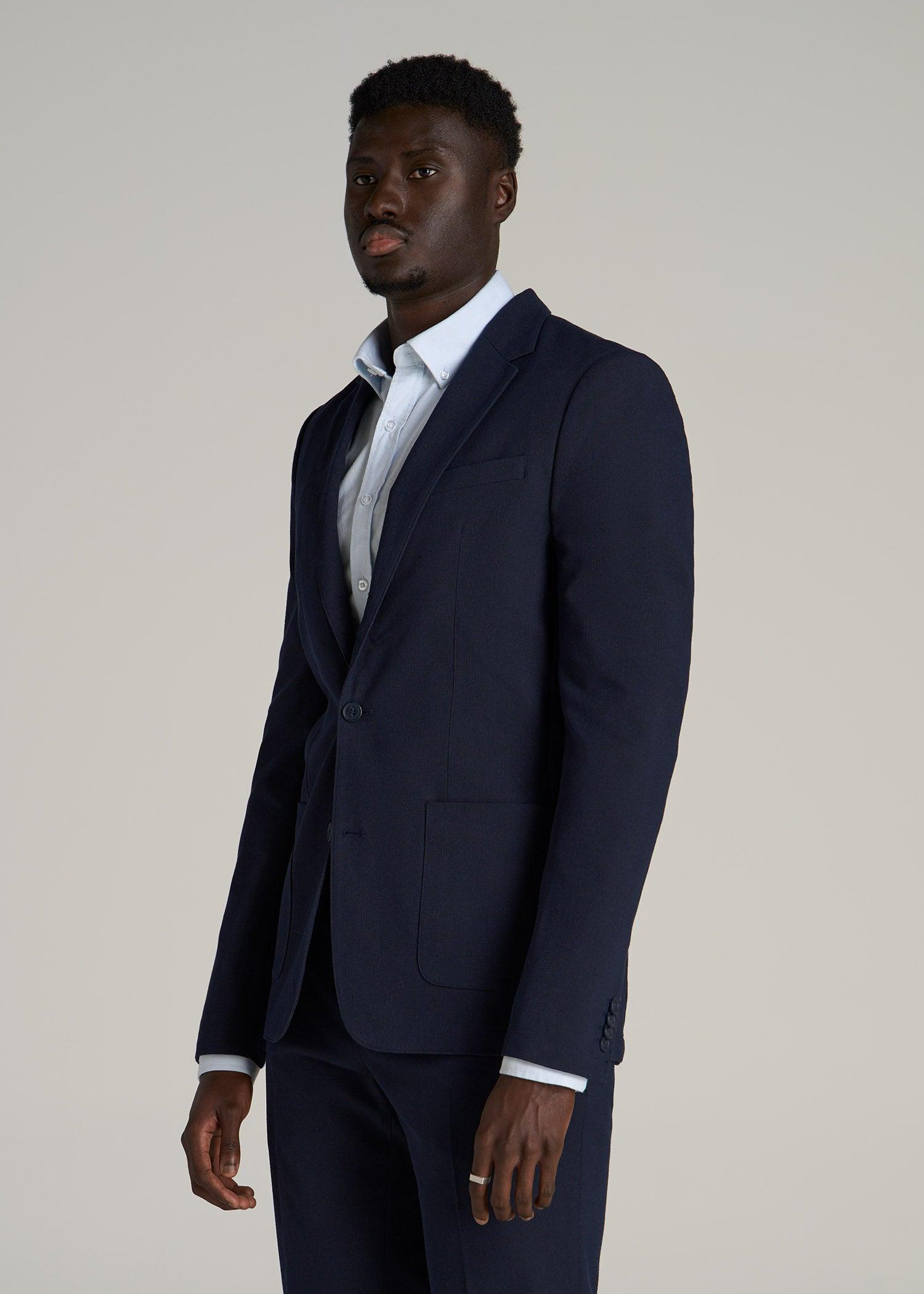 Textured Garment Washed Stretch Cotton Blazer for Tall Men in Evening Blue Male Product Image