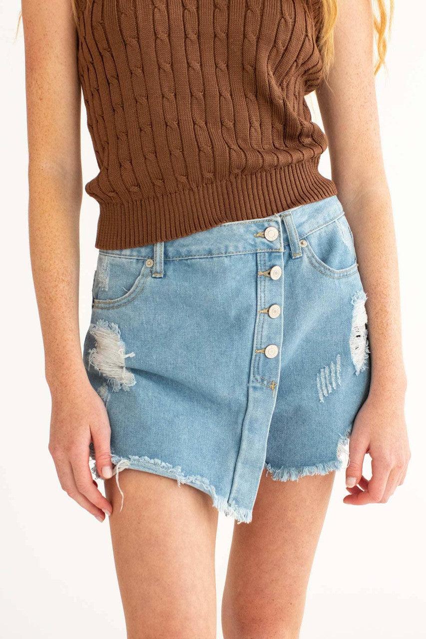 Light Wash Distressed Denim Skort Product Image