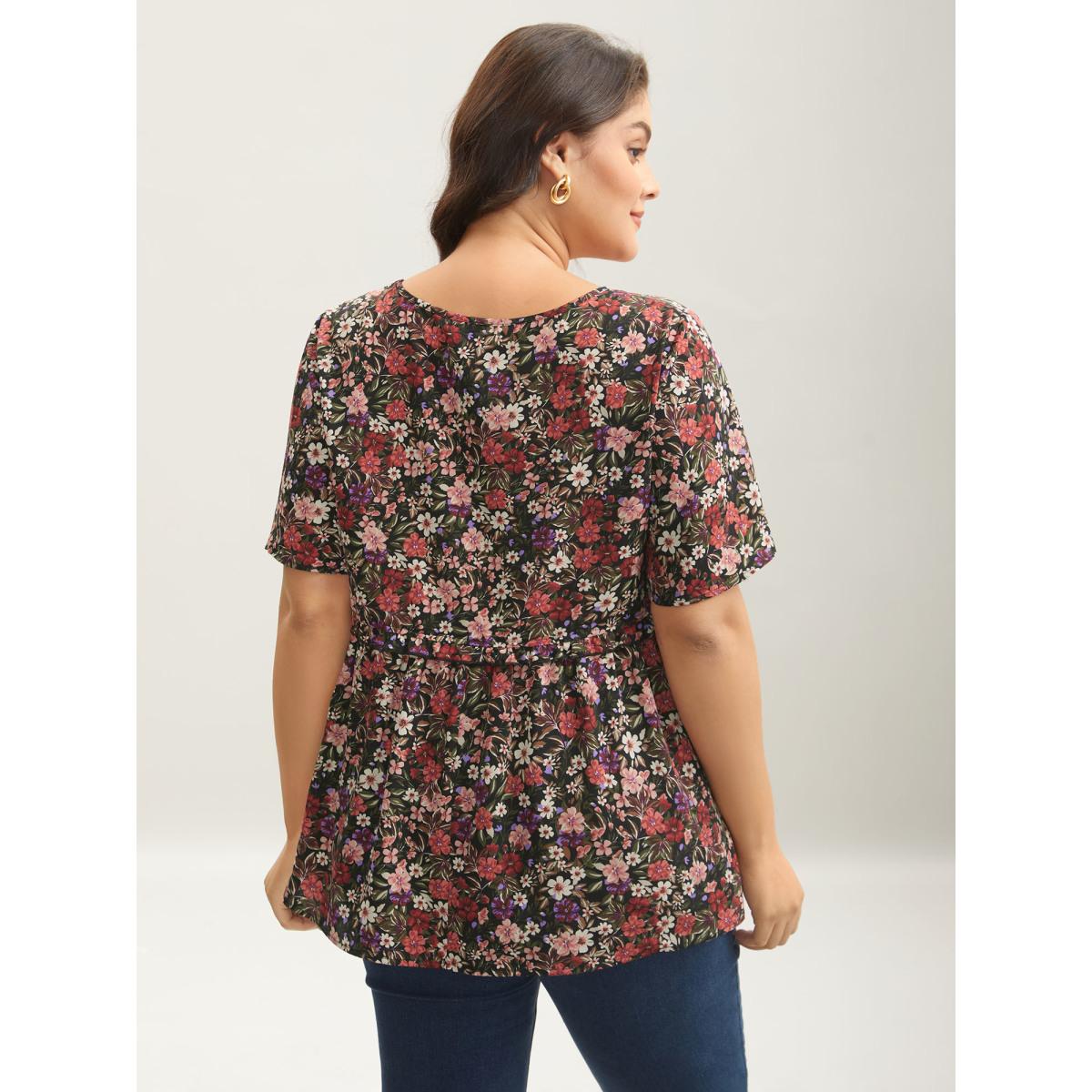 Plus Size Black Floral Ruffled Round Neck Shirt Women Timeless Short sleeve Round Neck Elegant Blouses BloomChic 30/6X Product Image
