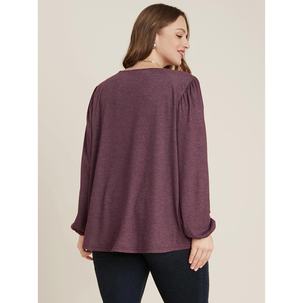 Plus Size DustyPink Solid Round Neck Gathered Lantern Sleeve Blouse Women Elegant Long Sleeve Round Neck Dailywear Blouses BloomChic 10/M Product Image