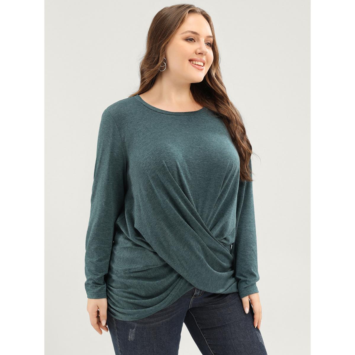 Plus Size Solid Twist Front Round Neck Long Tee Teal Women Elegant Twist-front Plain Round Neck Dailywear T-shirts BloomChic 14-16/1X Product Image