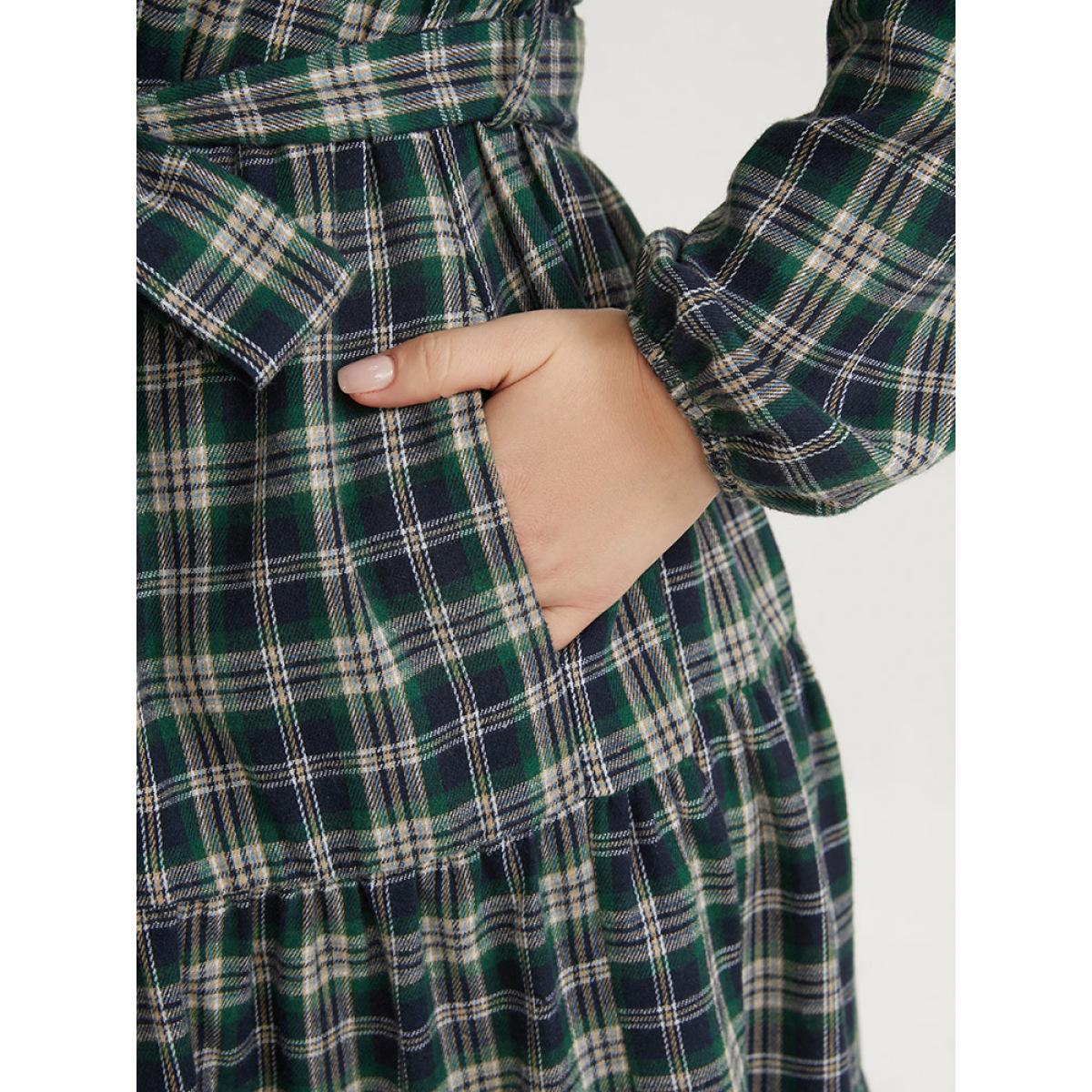 Plus Size Tartan Pocket Belted Lantern Sleeve Ruffle Tiered Dress Emerald Women Casual V-neck Long Sleeve Curvy Midi Dress BloomChic 28/5X Product Image