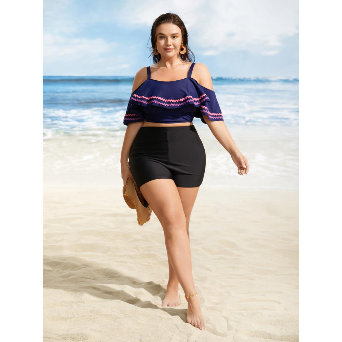 Plus Size Off Shoulder Woven Ribbon Ruffle Trim Swim Top Women's Swimwear Indigo Beach Woven ribbon&lace trim High stretch Skinny One-shoulder neck Curve Swim Tops BloomChic 18-20/2X Product Image