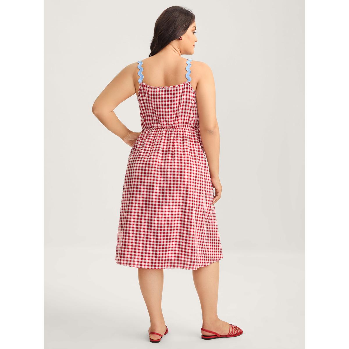 Plus Size Cotton Sweet Gingham Print Stretchy Waist Midi Dress Raspberry Women Non Sleeveless Curvy BloomChic 26/4X Product Image