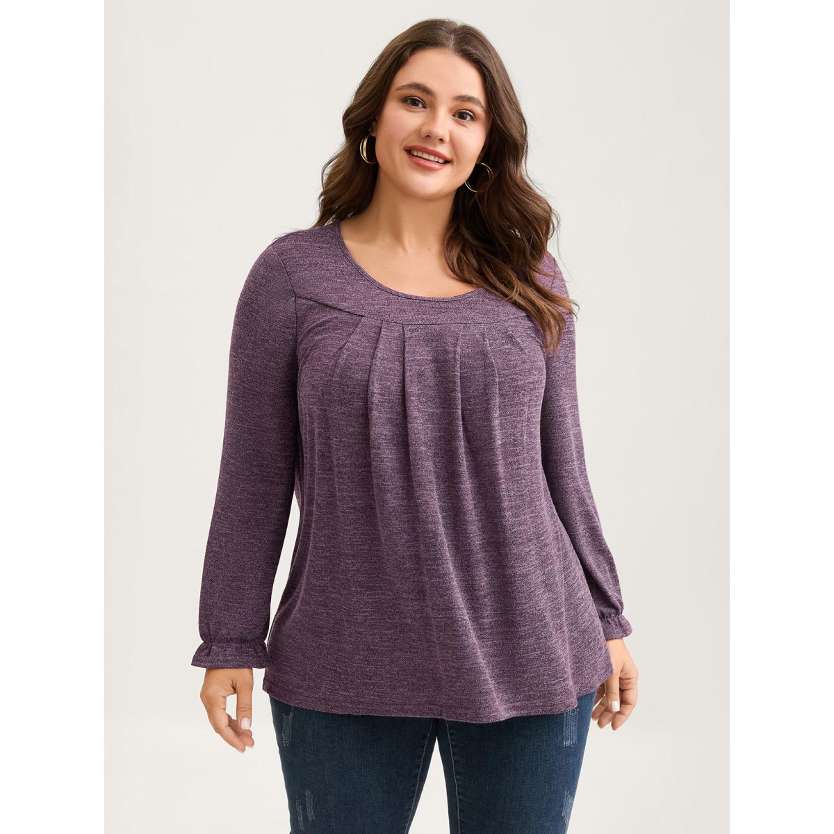 Plus Size Round Neck Heather Pleated T-shirt Black Women Leisure Pleated Round Neck Loose Casual T-shirts BloomChic 26/4X Product Image