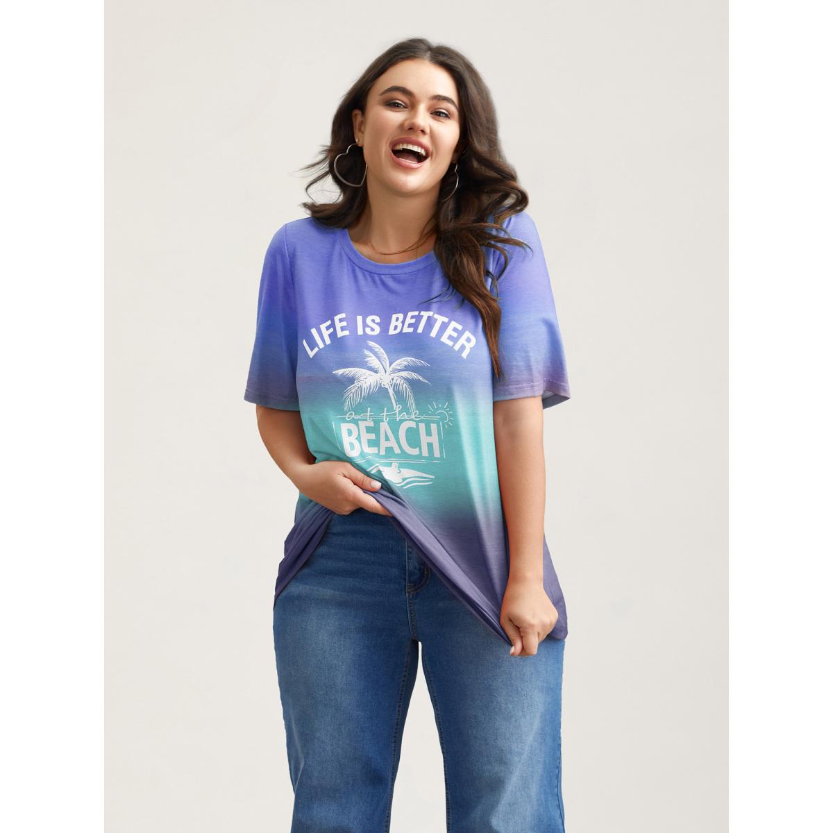 Plus Size Gradient Beach Print Fitted T-Shirt DarkBlue Women Playful Contrast Tropical Round Neck Casual T-shirts BloomChic 10/M Product Image