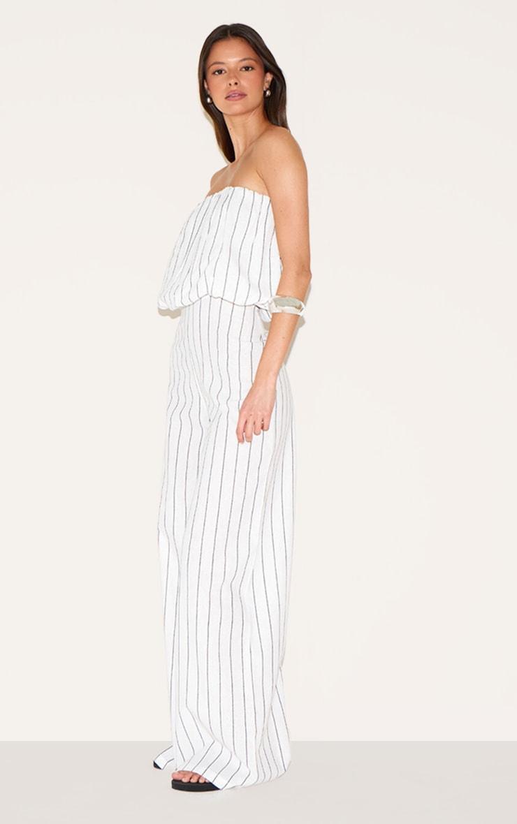 Stone Stripe Cotton Puffball Bandeau Straight Leg Jumpsuit Product Image