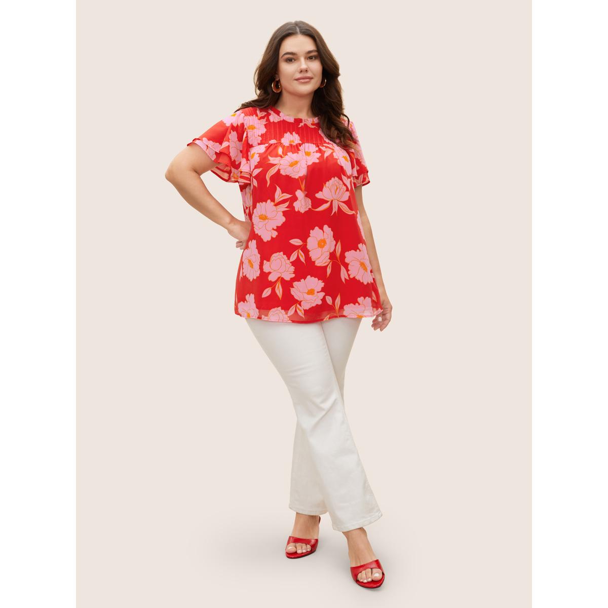 Plus Size Brightred Floral Stand Collar Pleated Tiered Ruffles Blouse Women Elegant Short sleeve Stand-up collar Everyday Blouses BloomChic 12/L Product Image