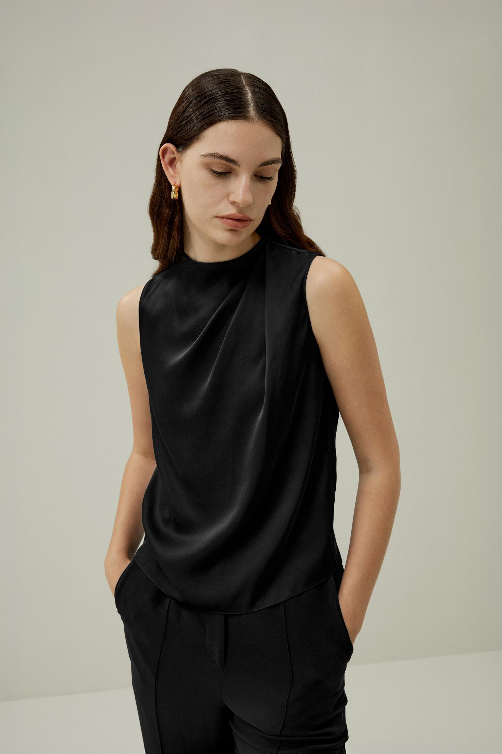 LILYSILK Silk Sleeveless Top - for Women - Black Silk Double Joe - Distinctive Half-Turtleneck Tops L Product Image