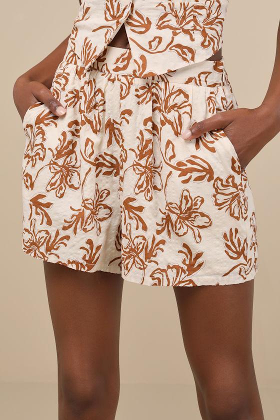 Railee Ivory and Brown Floral Pull-On Shorts Product Image
