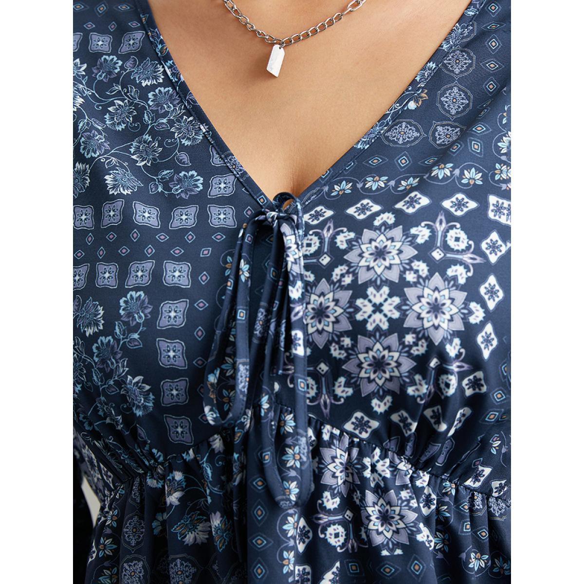 Plus Size Stone Bandana Print Bowknot Frill Trim Blouse Women Elegant Long Sleeve V-neck Dailywear Blouses BloomChic 26/4X Product Image