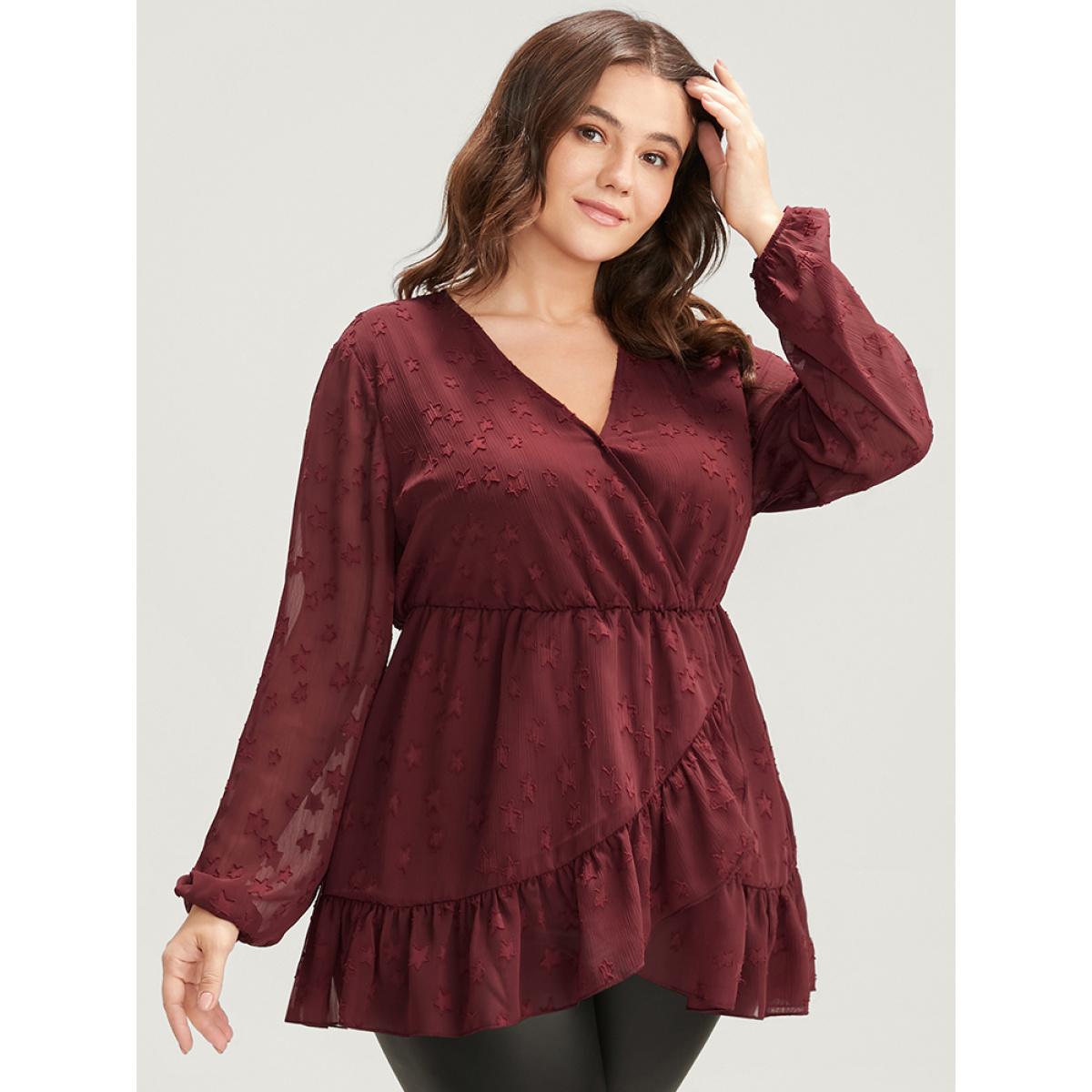 Plus Size Burgundy Star Mesh Lantern Sleeve Surplice Neck Ruffle Hem Blouse Women Glamour Long Sleeve V-neck Going out Blouses BloomChic 26/4X Product Image
