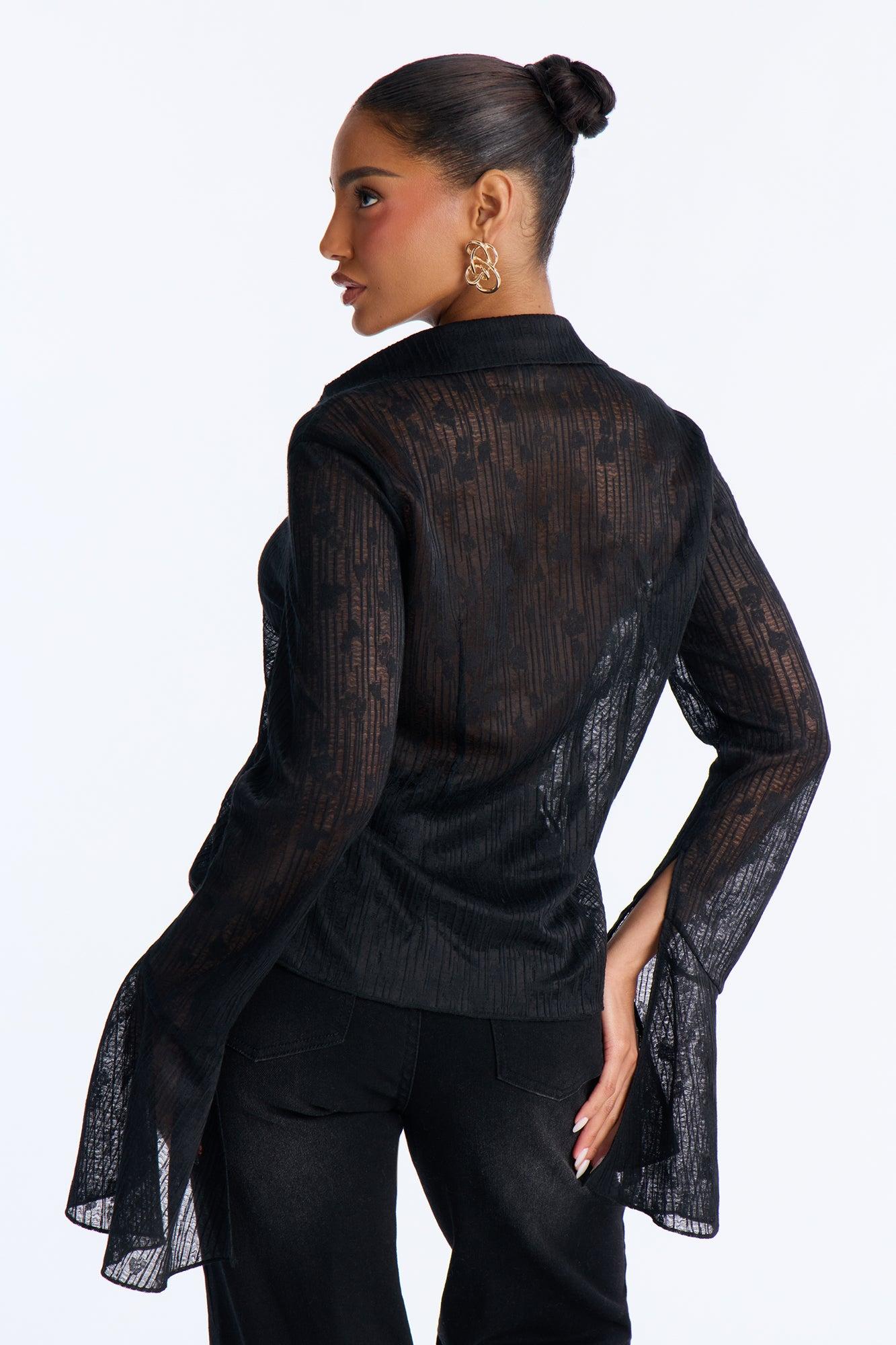 Emerson Textured Gauze Tie Long Sleeve Top - Black Female Product Image