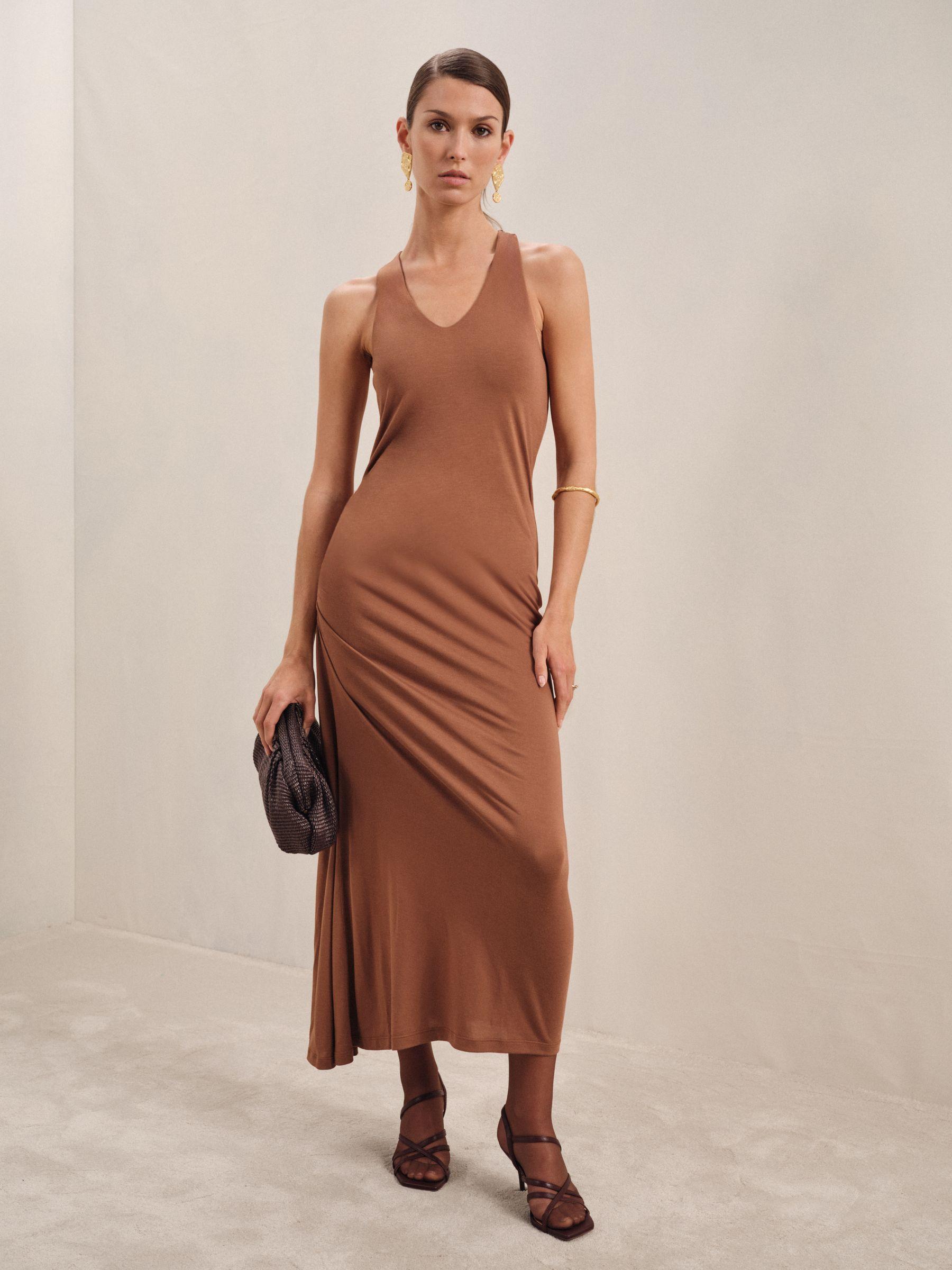 Ruched Jersey Midi Dress in Brown Product Image