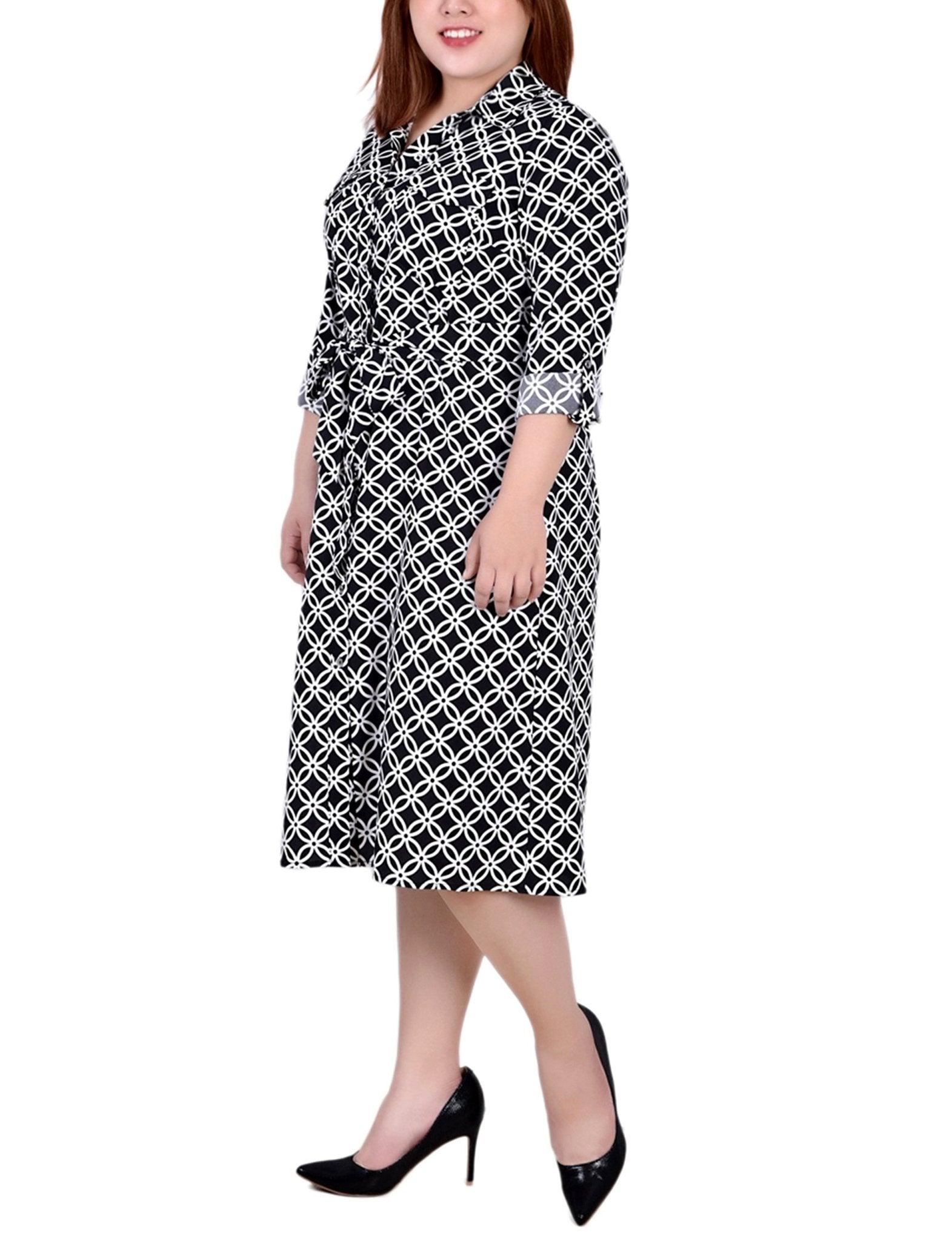 Black White Iconic 3/4 Roll Tab Sleeve Belted Shirtdress - Plus Product Image