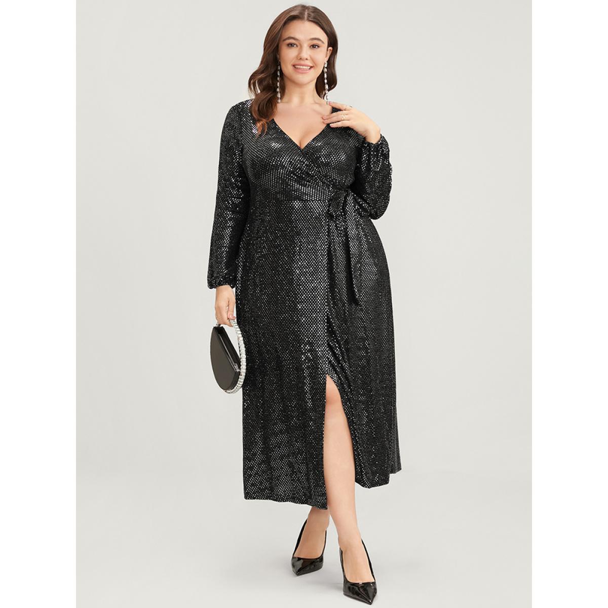 Plus Size Solid Sequin Knotted Side Wrap Lantern Sleeve Dress Black Women Party Knotted V-neck Long Sleeve Curvy Midi Dress BloomChic 26/4X Product Image