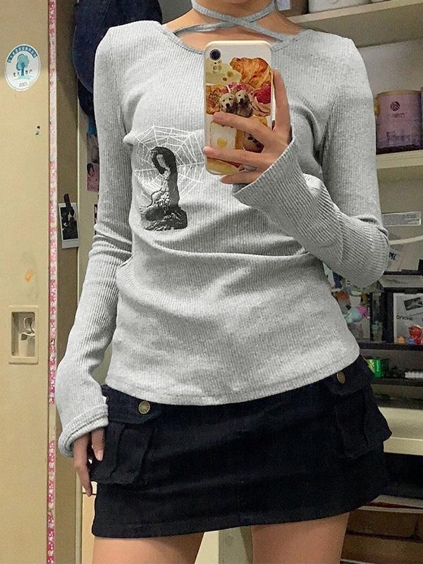 Print Halter Slim Knit Top Product Image