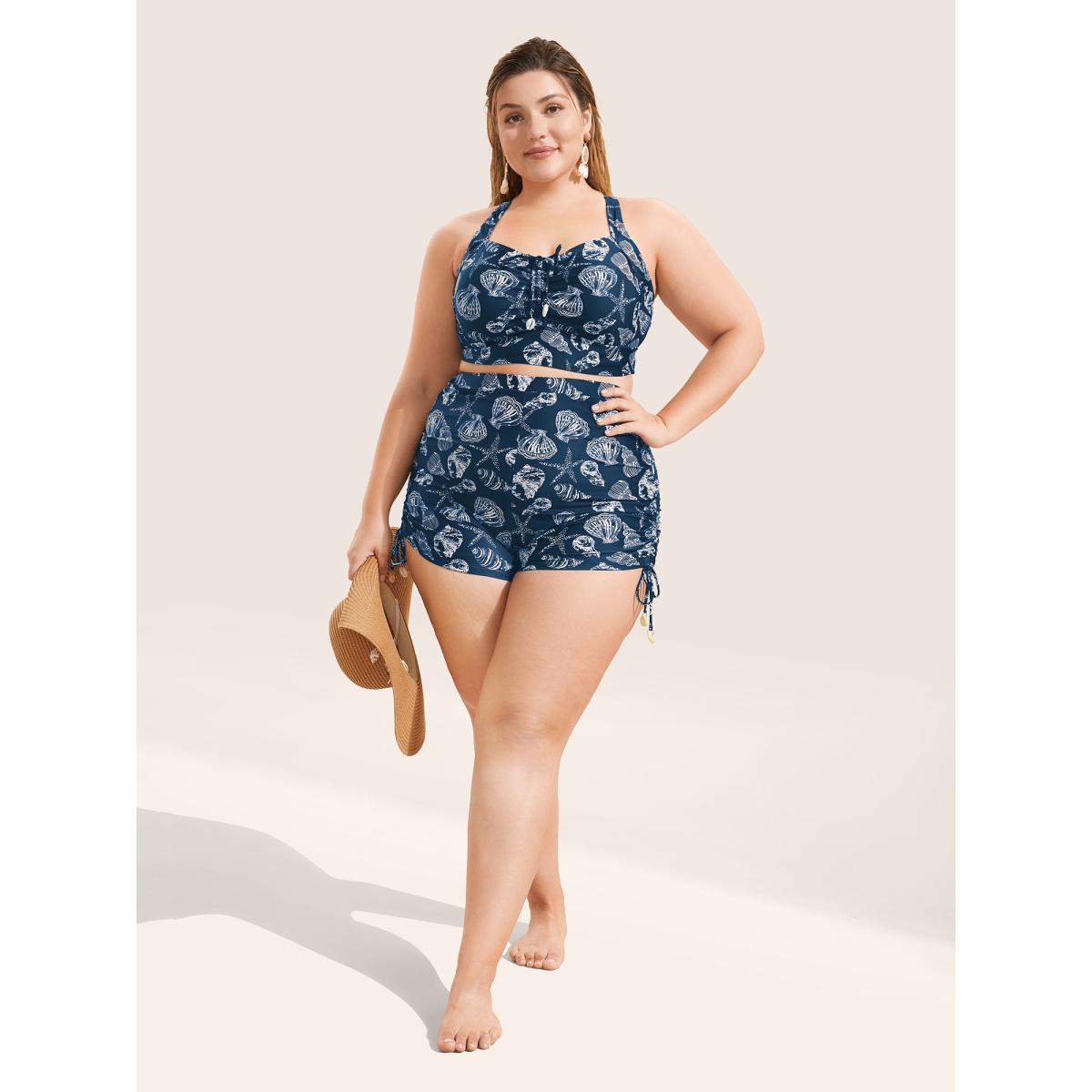 Plus Size Shell Print Drawstring Side Skinny Swim Bottom Women's Swimwear Indigo Beach Drawstring High stretch Skinny High Rise Curve Swim Bottoms BloomChic 14-16/1X Product Image