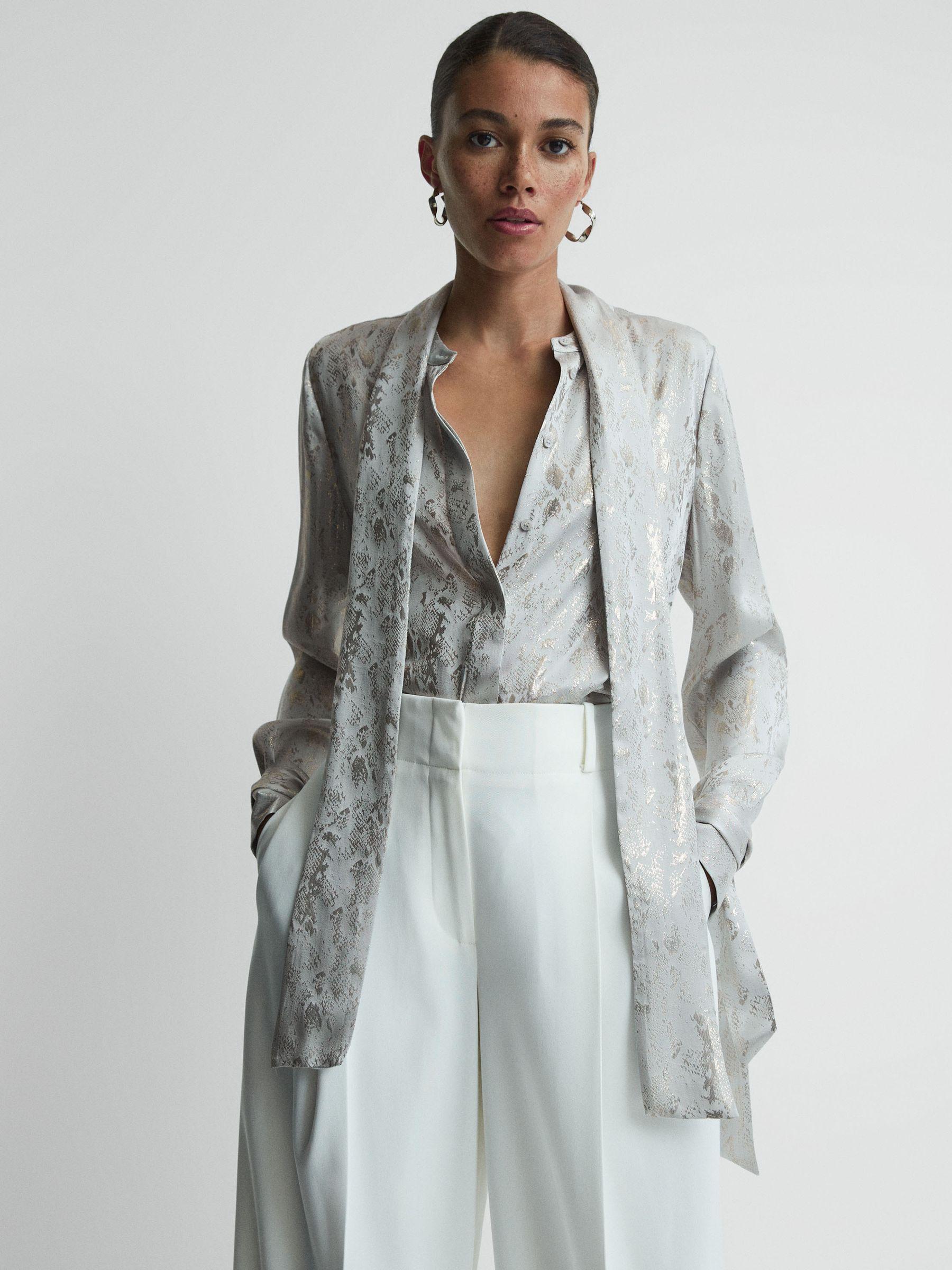 Premium Metallic Removable Tie Detail Blouse in Silver Product Image