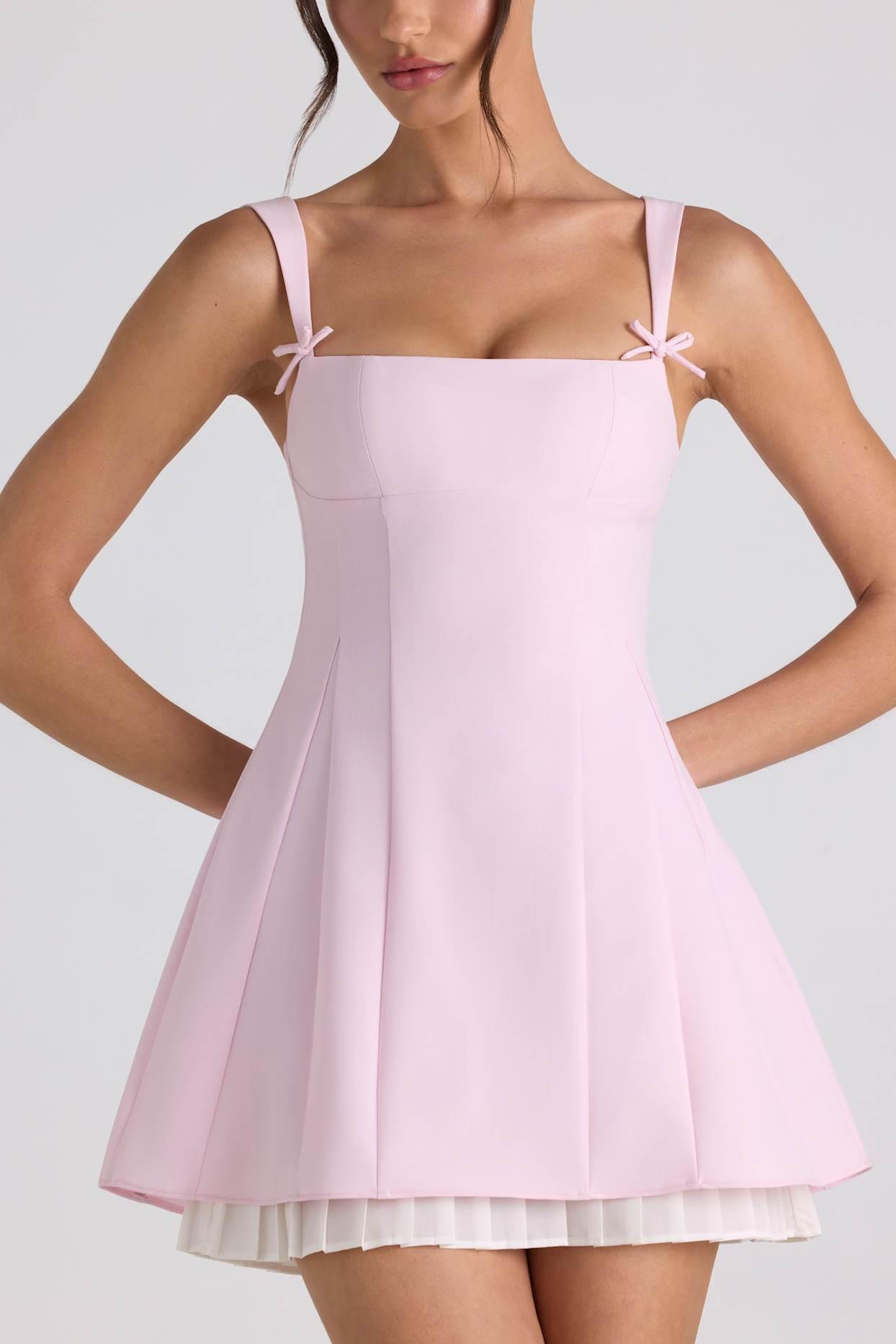 Bow-Detail Pleated A-Line Mini Dress in Soft Pink Product Image